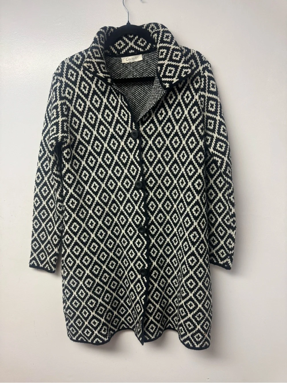 Cocogio Made in Italy Wool Blend Geometric Diamond Knit Cardigan Sweater OS